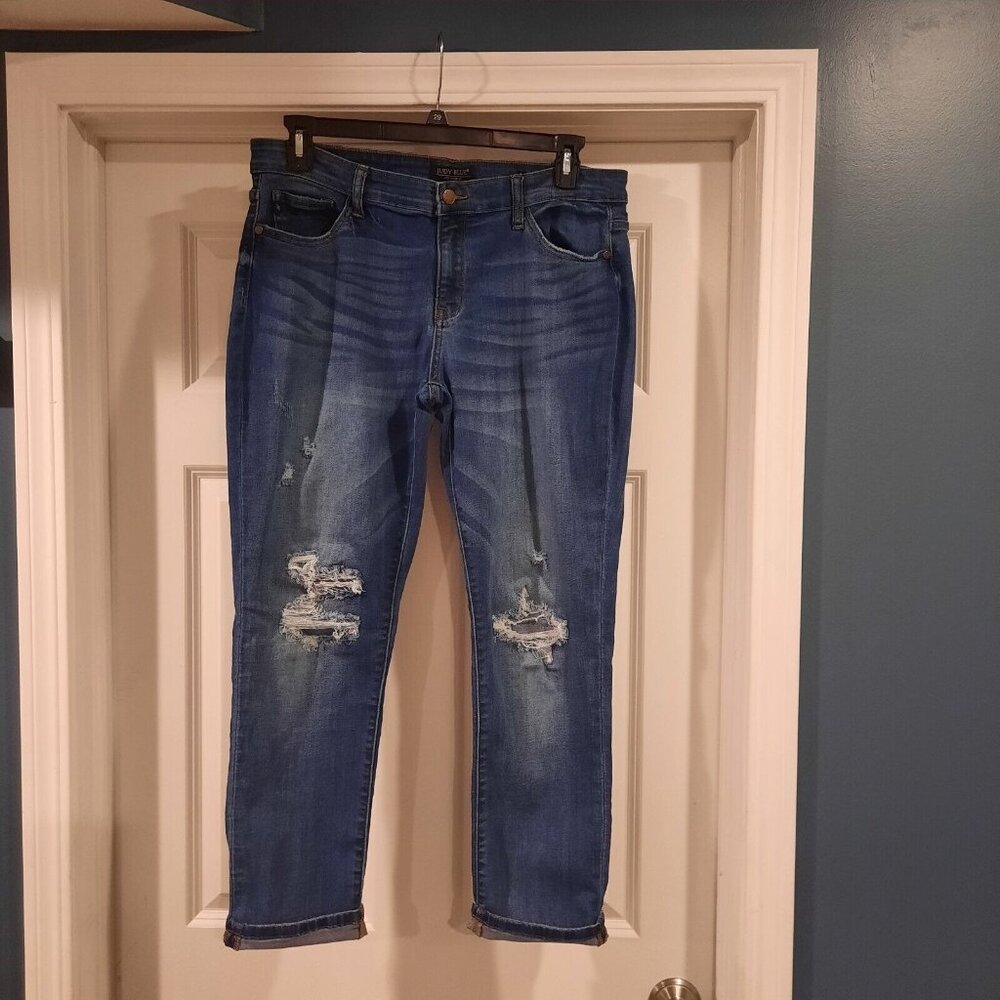 Judy‎ Blue Jeans Womens 15/32 Boyfriend Mid Rise Slouchy Distressed Patched